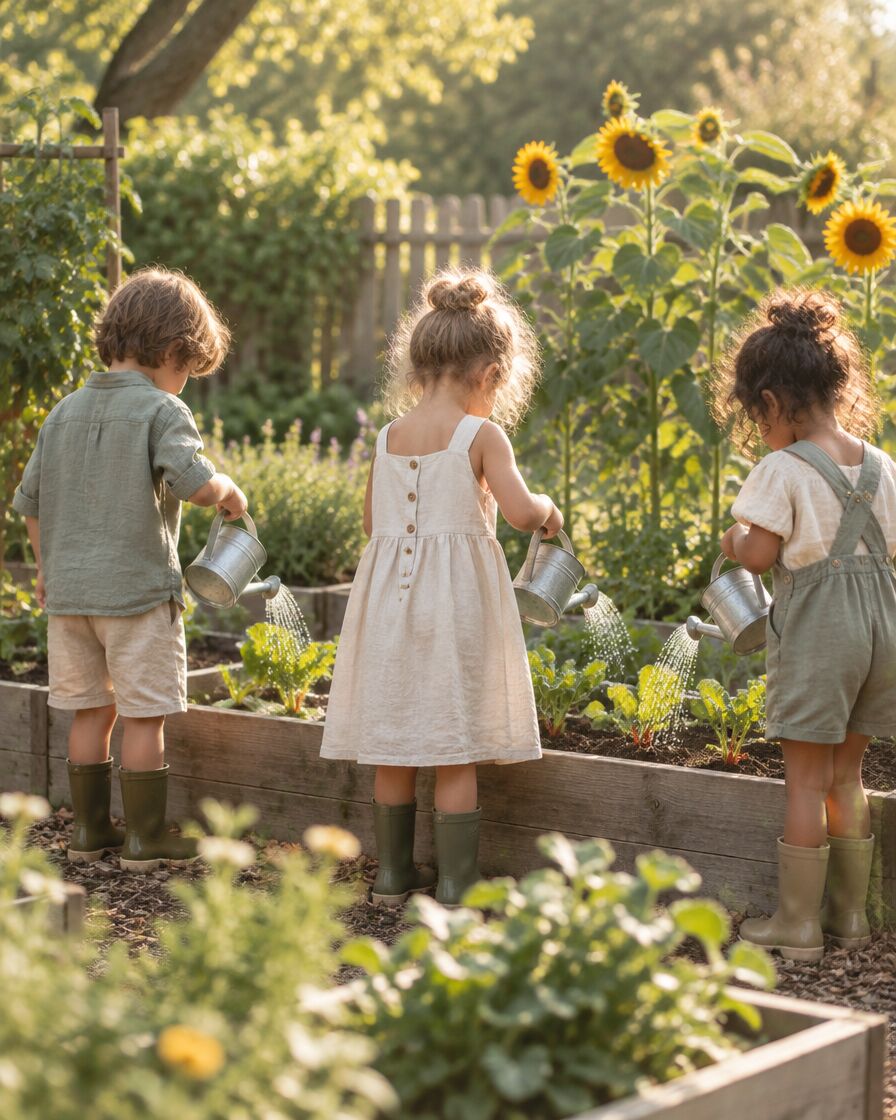 Preschoolers watering raised vegetable beds in a sunny garden