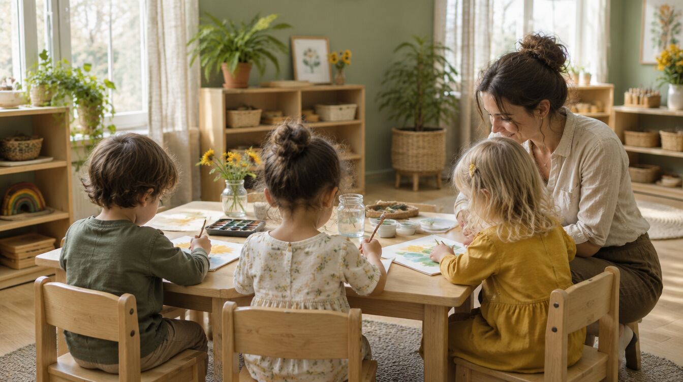 Preschoolers painting with watercolors at a low wooden table while their teacher kneels beside them