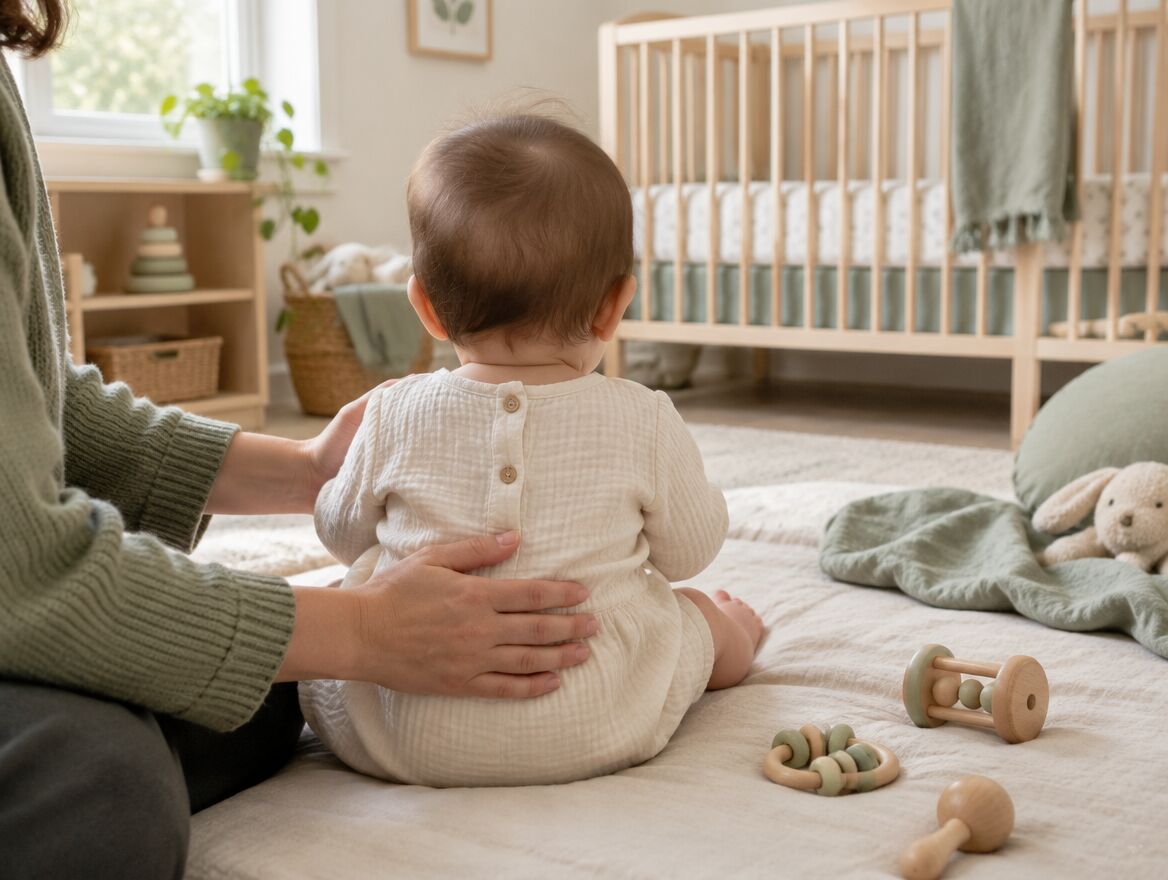 A caregiver's hands steadying a baby on a soft linen play mat beside wooden toys