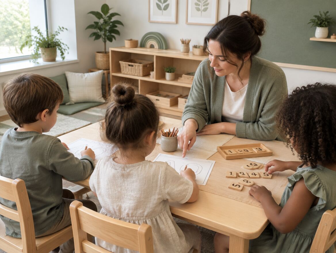 Pre-K children counting with wooden number tiles at a classroom table