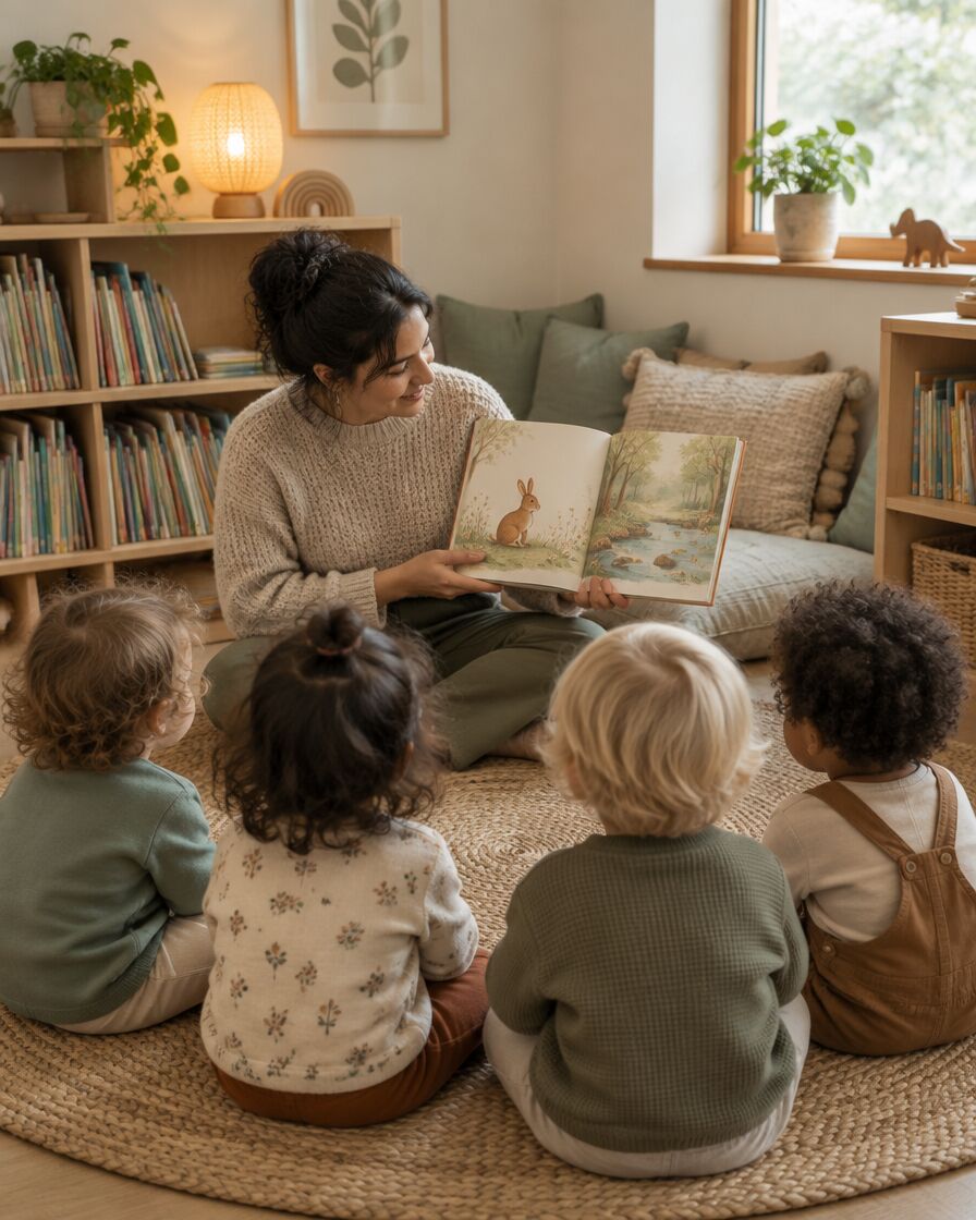 A teacher reading a picture book to toddlers on a woven rug