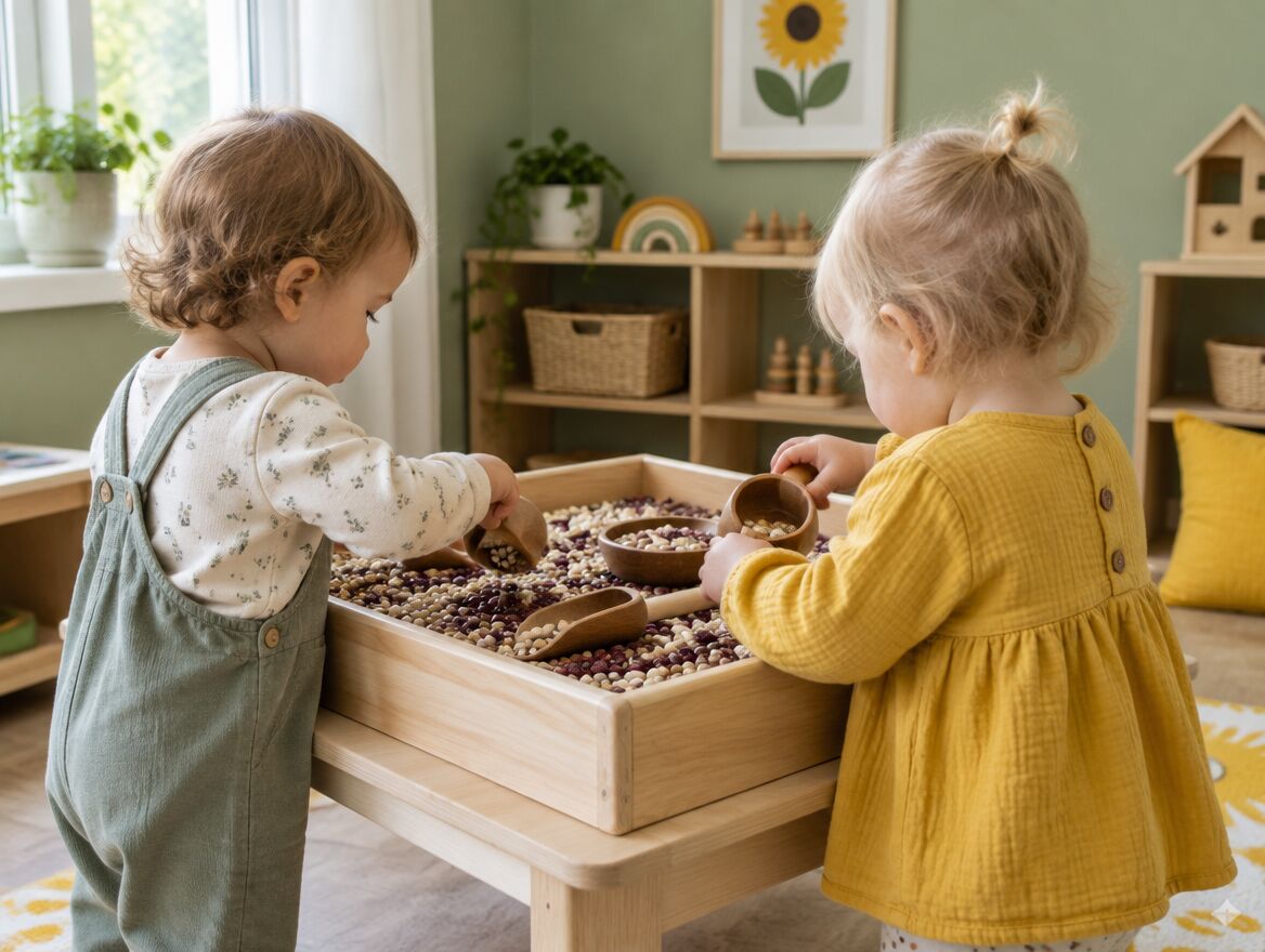 Two toddlers scooping dried beans in a sensory tray at a low wooden table