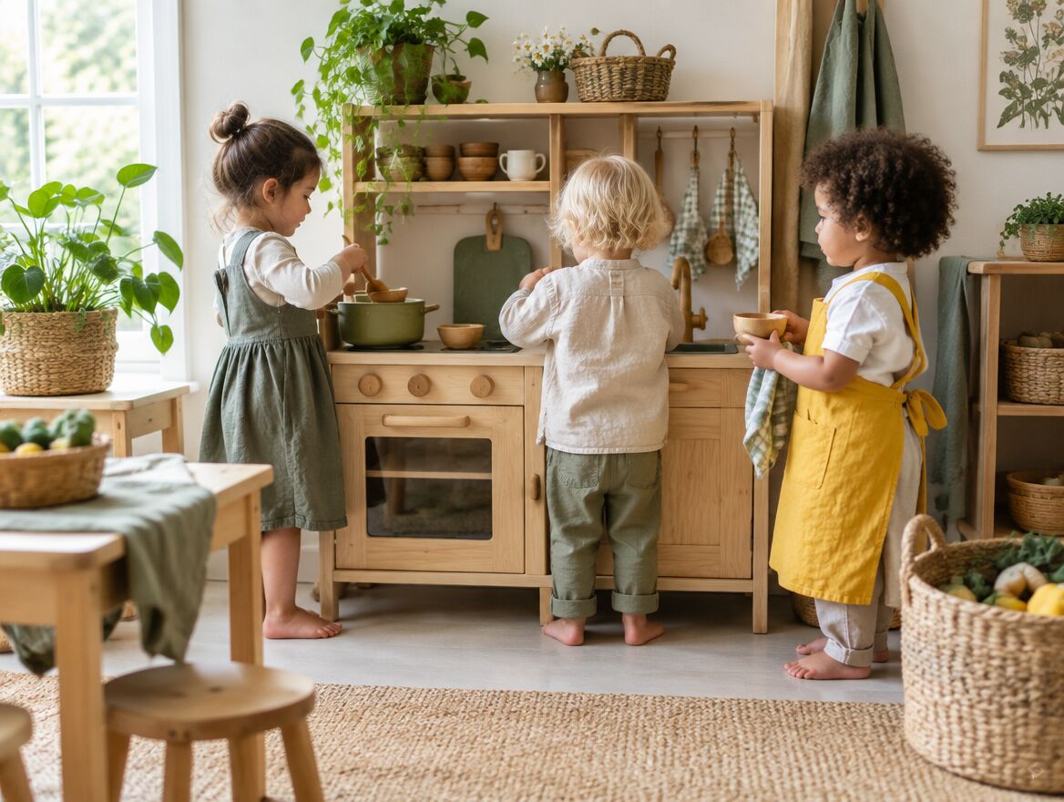 Three-year-olds playing pretend at a wooden play kitchen