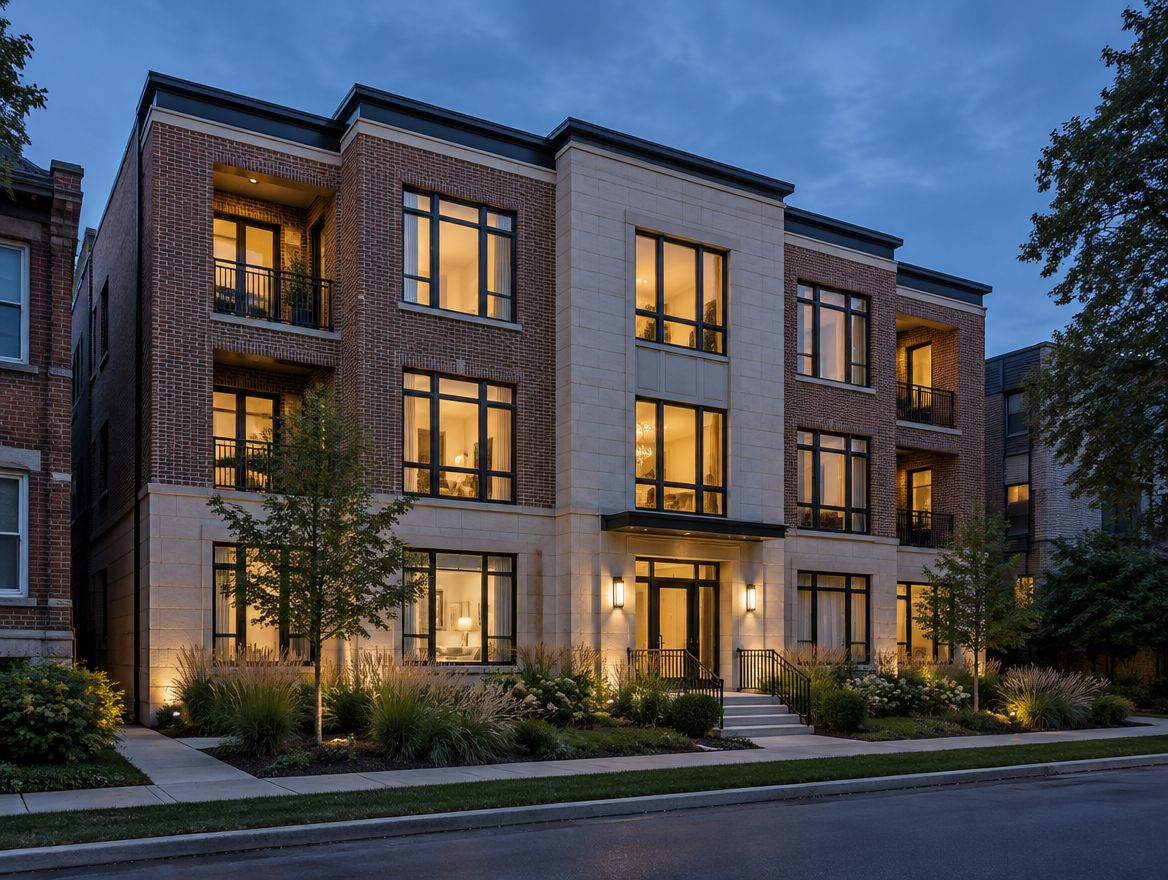 A brick and stone apartment building at dusk with warm light in its windows