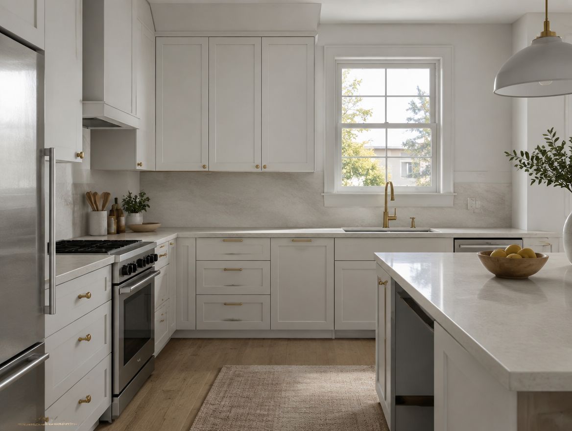 White kitchen with stone counters and brass fixtures