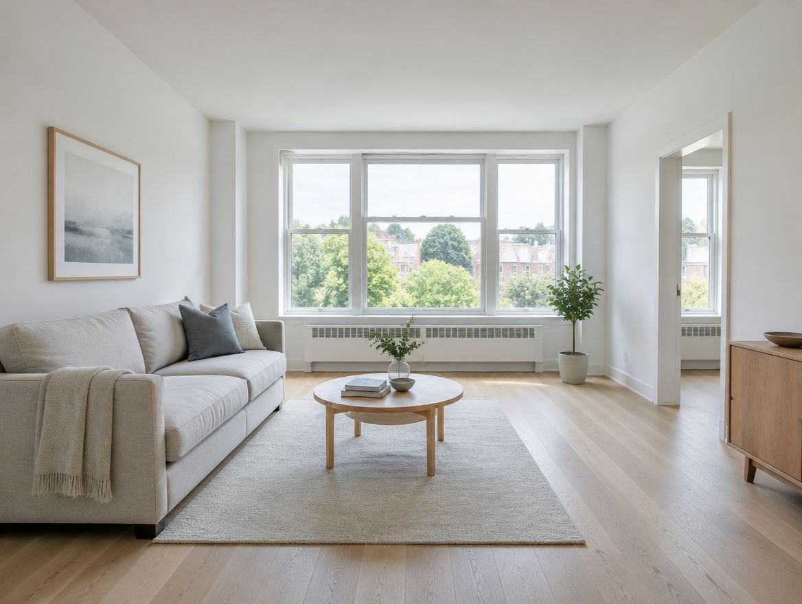 Bright living room with oak floors and a large window