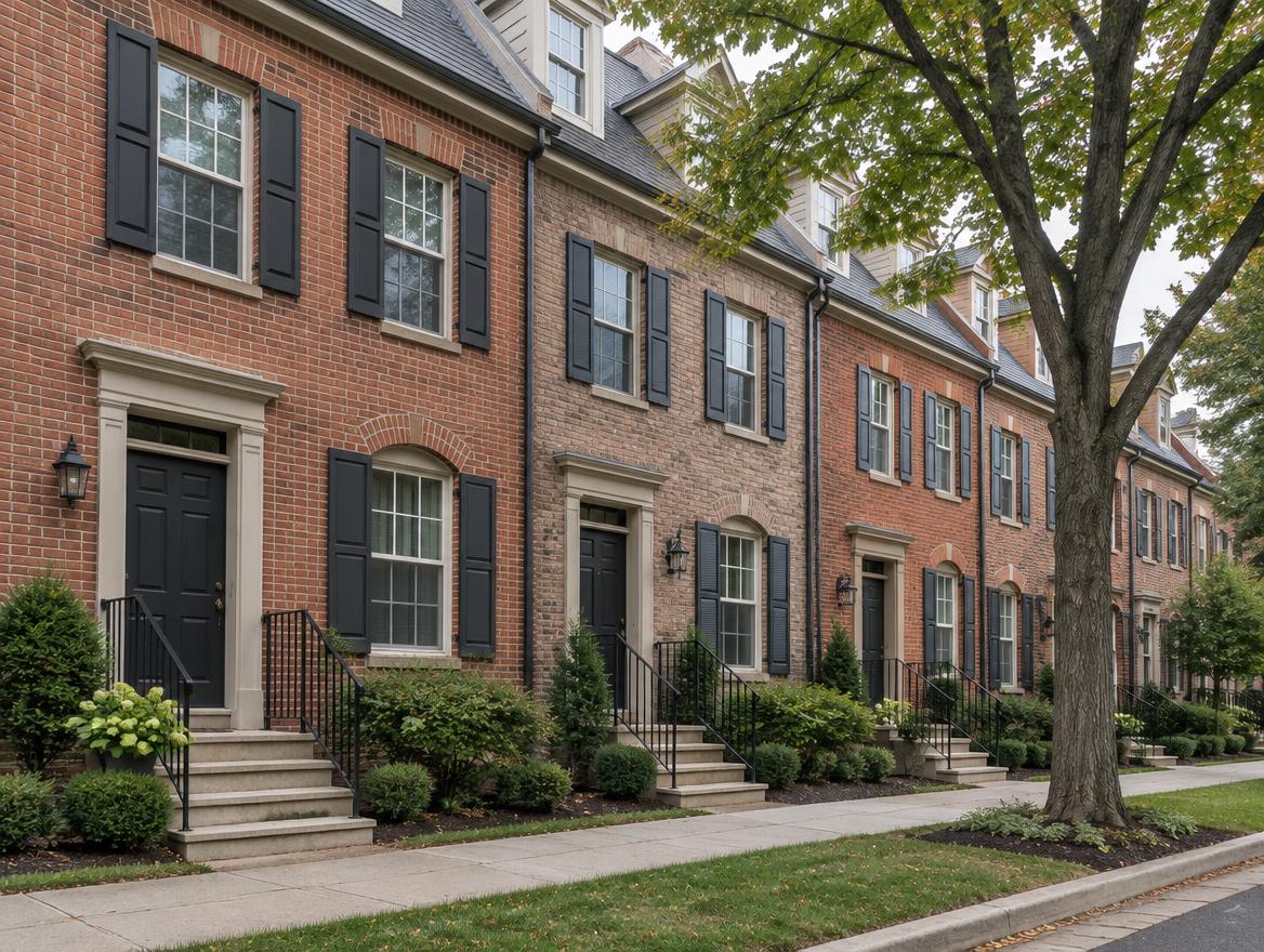 Row of brick townhouses with dark front doors on a tree-lined street