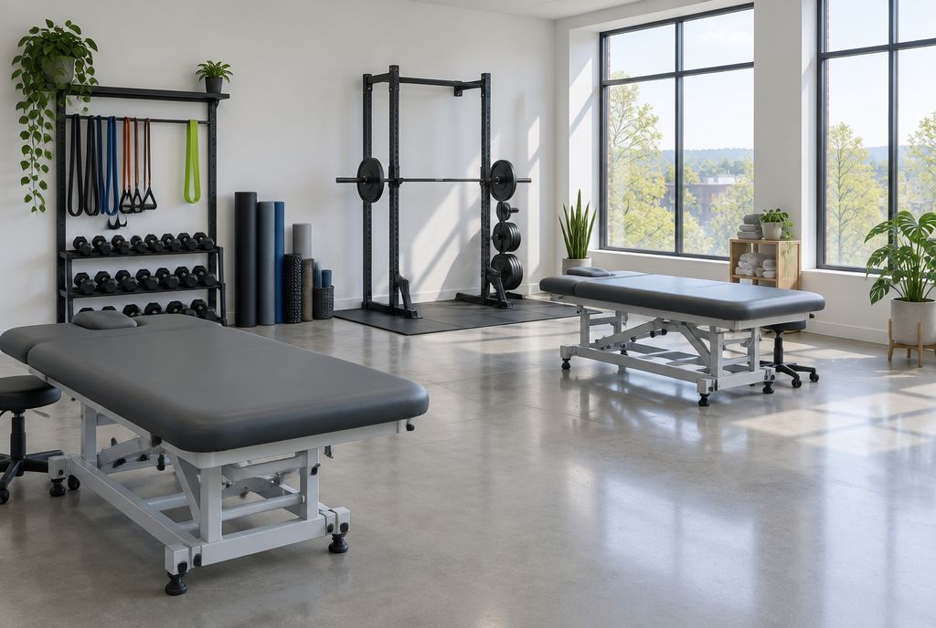 The Stride clinic floor in morning light — two treatment tables, a squat rack, and a wall of resistance bands and dumbbells