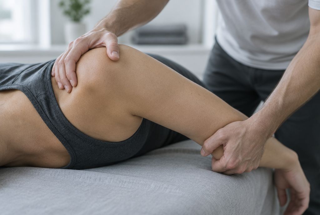A physical therapist’s hands assessing a patient’s hip and knee on a treatment table