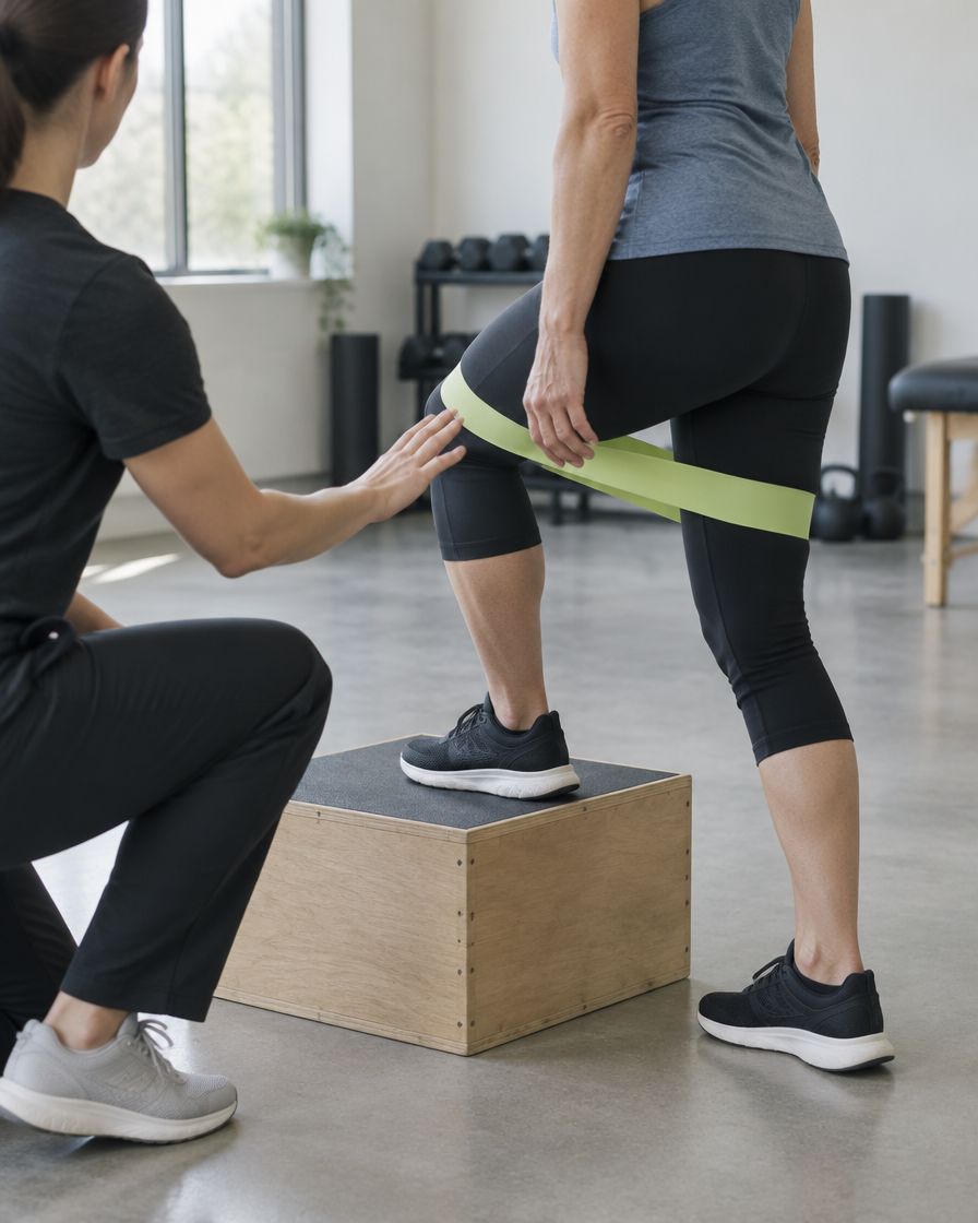 A physical therapist guides a patient through a step-up onto a wooden box, a lime resistance band looped above her knees