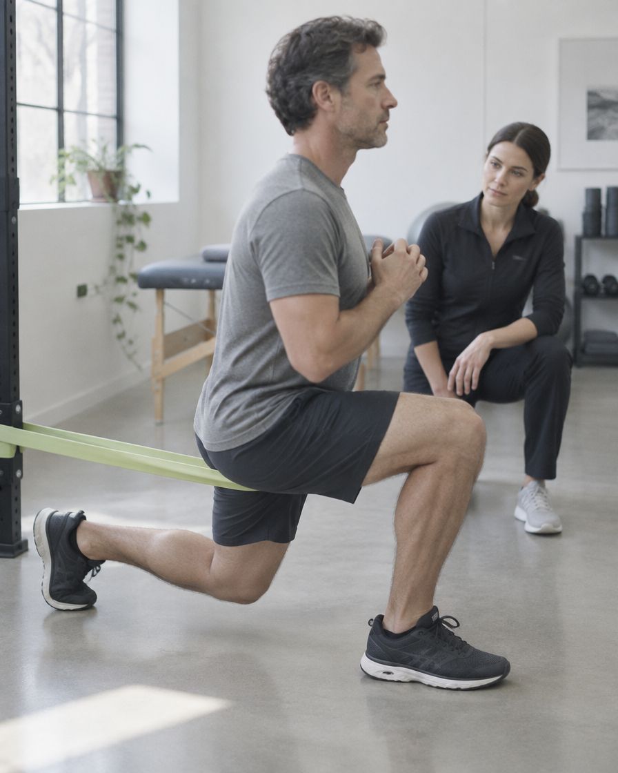 A patient holds a controlled split squat against a lime resistance band while his physical therapist watches his form