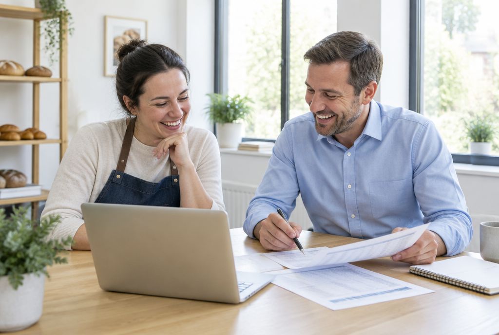 A bakery owner in an apron laughing with her accountant as they go through the year’s figures on a laptop.