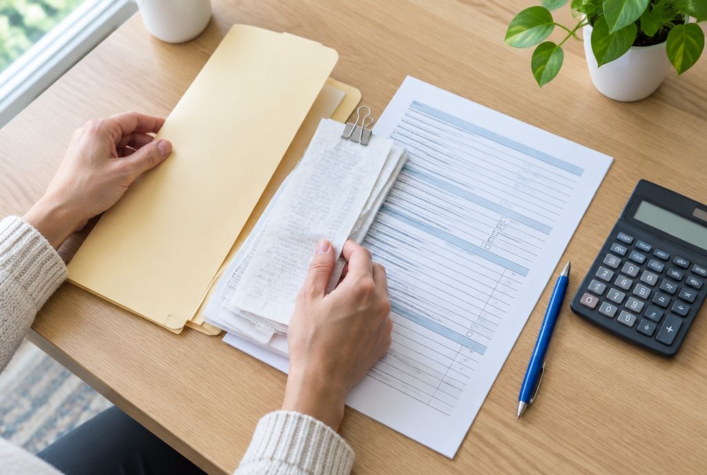 A client’s tax papers on an oak desk: a manila folder, clipped receipts, a printed form, a blue pen and a calculator.