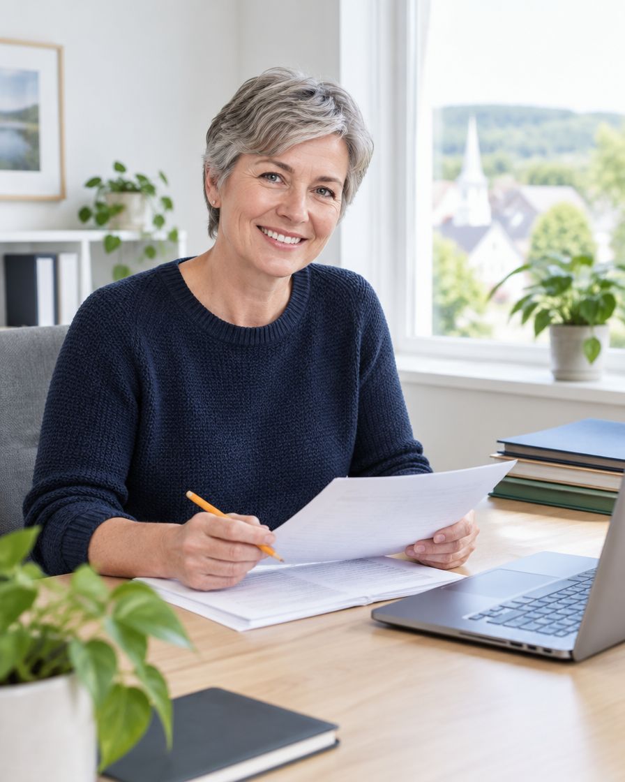 Margaret Hale, the founding partner, smiling at her desk in a bright office while reviewing a client’s papers.