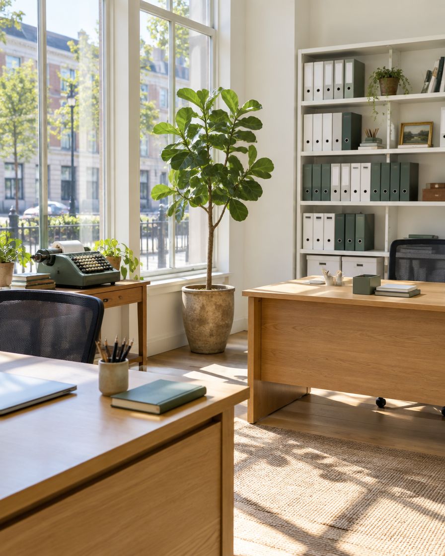 The Tally office on Maple Street: tall windows, oak desks, shelves of labelled binders and a vintage adding machine in the morning sun.