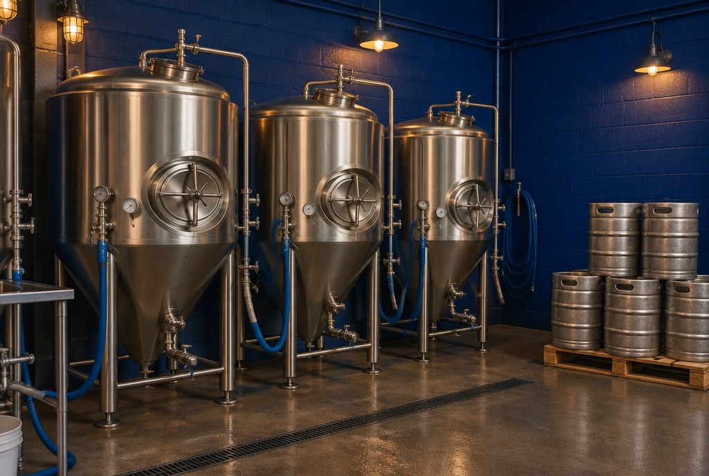 Three stainless steel fermentation tanks against a cobalt blue brick wall, with a stack of kegs on a pallet