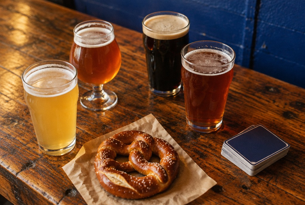 Four beers from pale to stout on a worn wooden table, with a soft pretzel and a stack of trivia cards