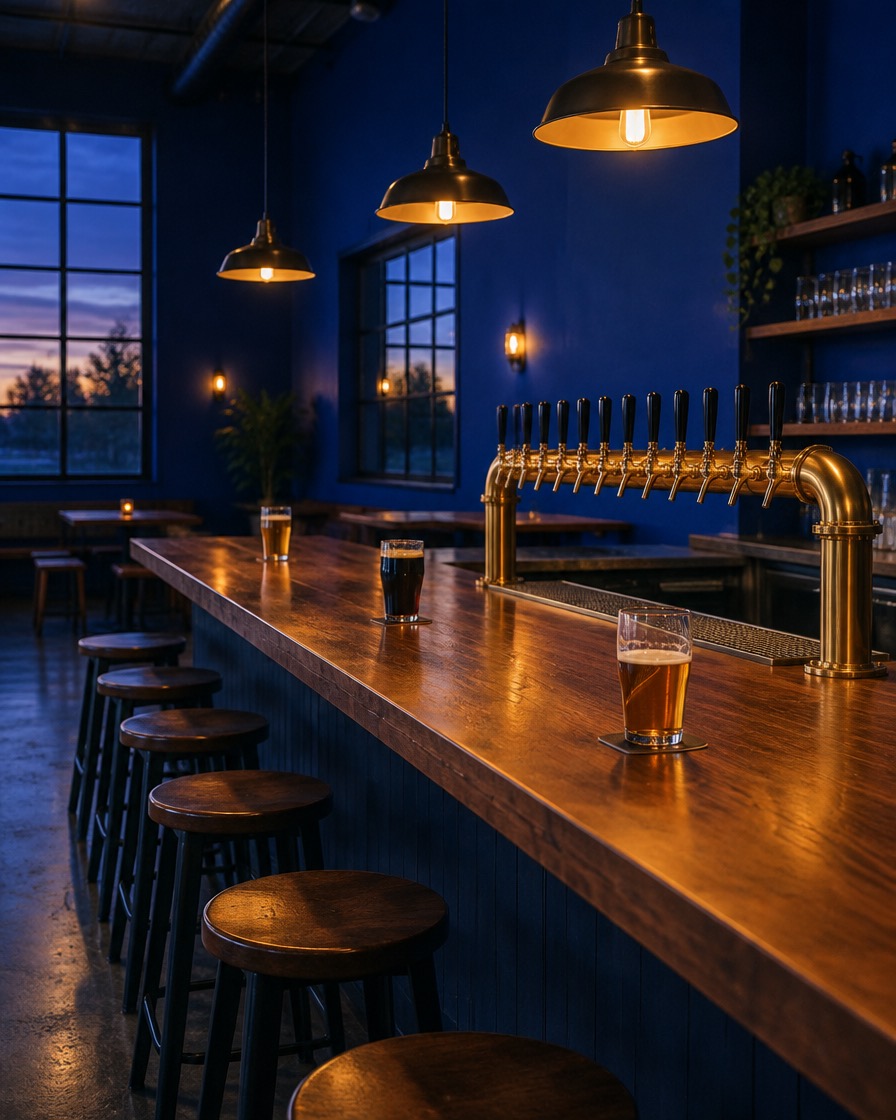 The taproom at dusk: a long wooden bar with a row of brass taps under warm pendant lights, stools lined up in front