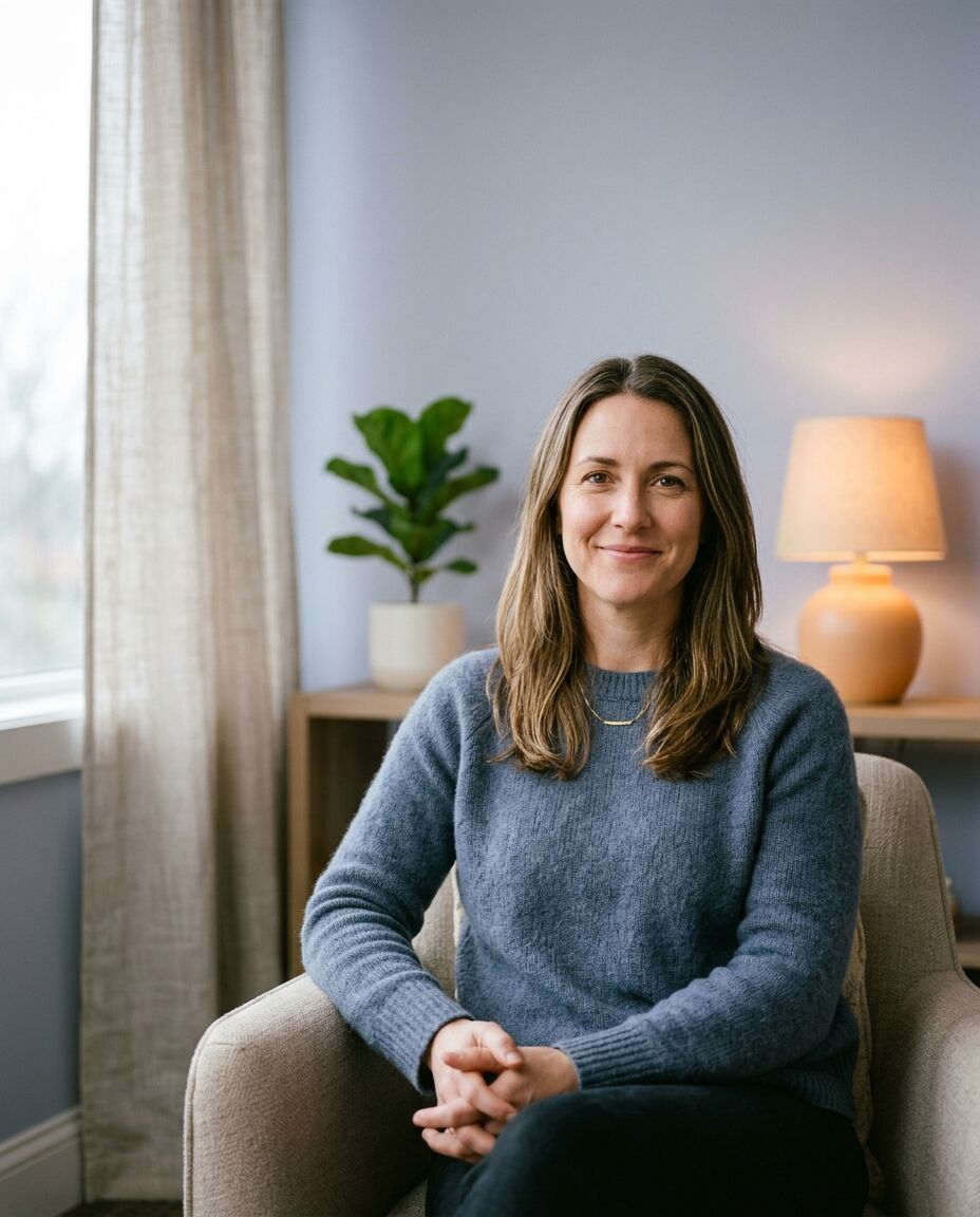 Nora Lind in a slate-blue sweater, sitting in an armchair in her Portland office