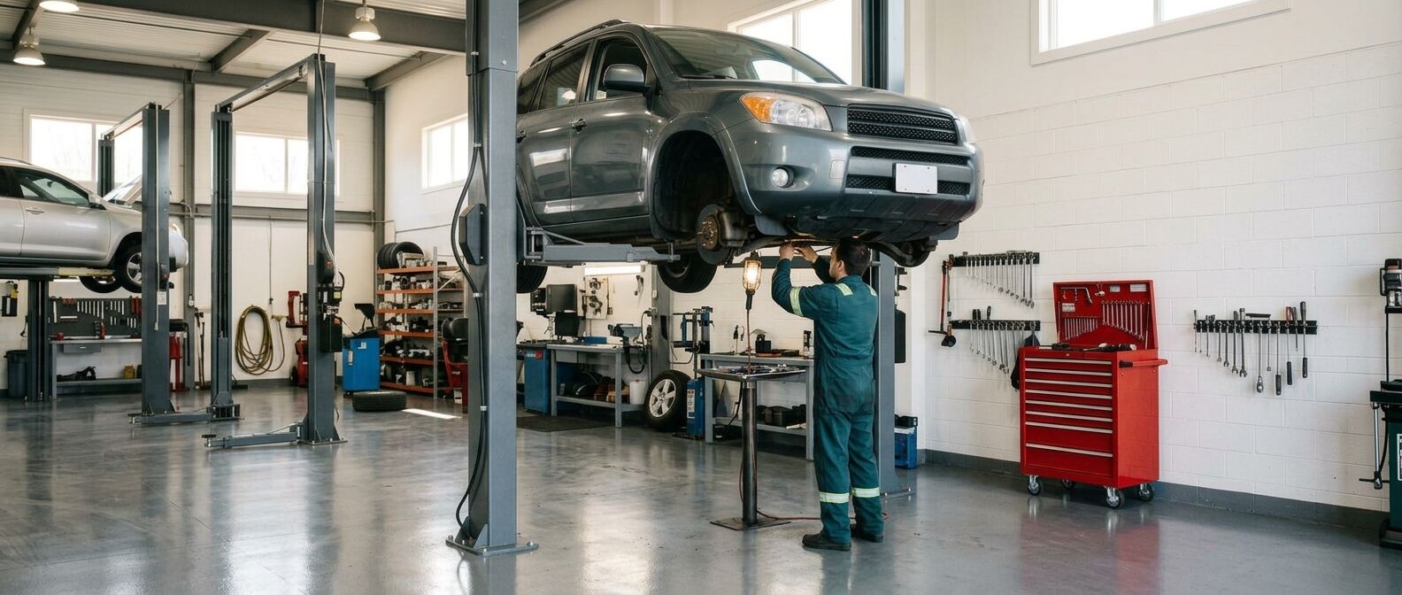 Inside the shop: a technician working under an SUV raised on the lift, a red tool chest against the white wall