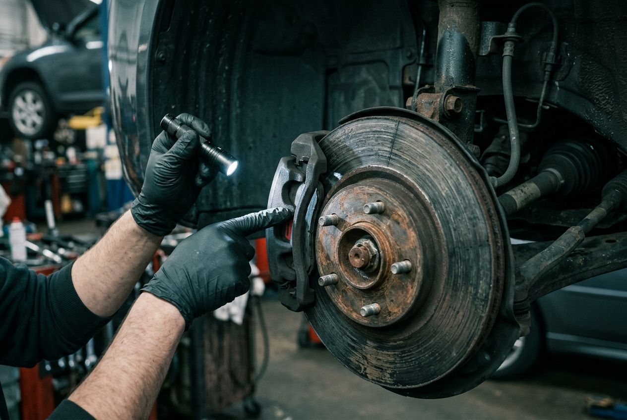 A technician’s gloved hand pointing a flashlight at a worn brake pad and scored rotor