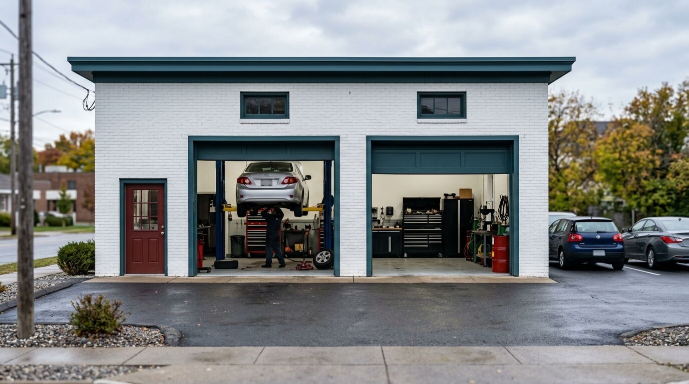 The shop from the street: a white brick building with two open service bays and a car up on the lift