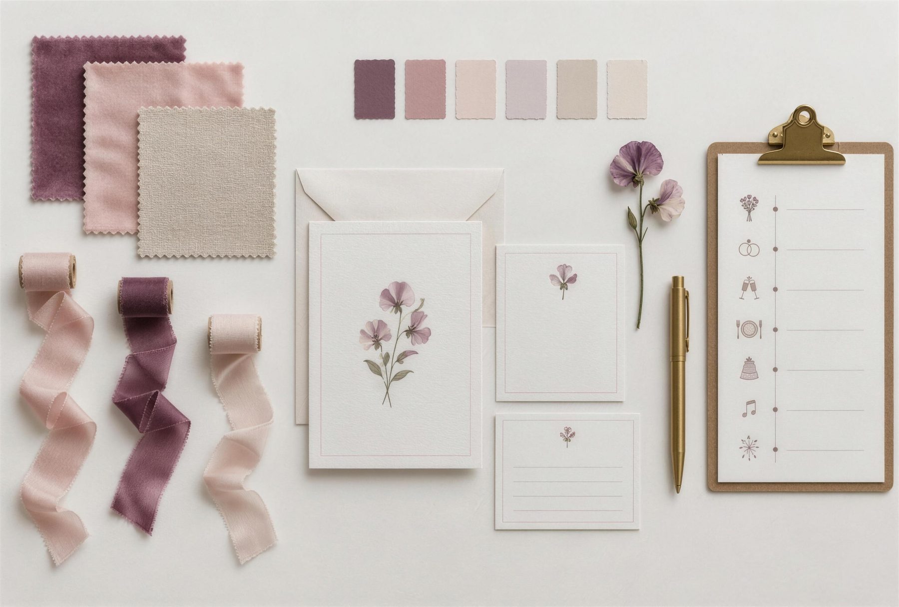 A planner’s design board seen from above: plum velvet, blush silk and oat linen swatches, silk ribbon, painted colour chips, an invitation suite, and a timeline on a clipboard.