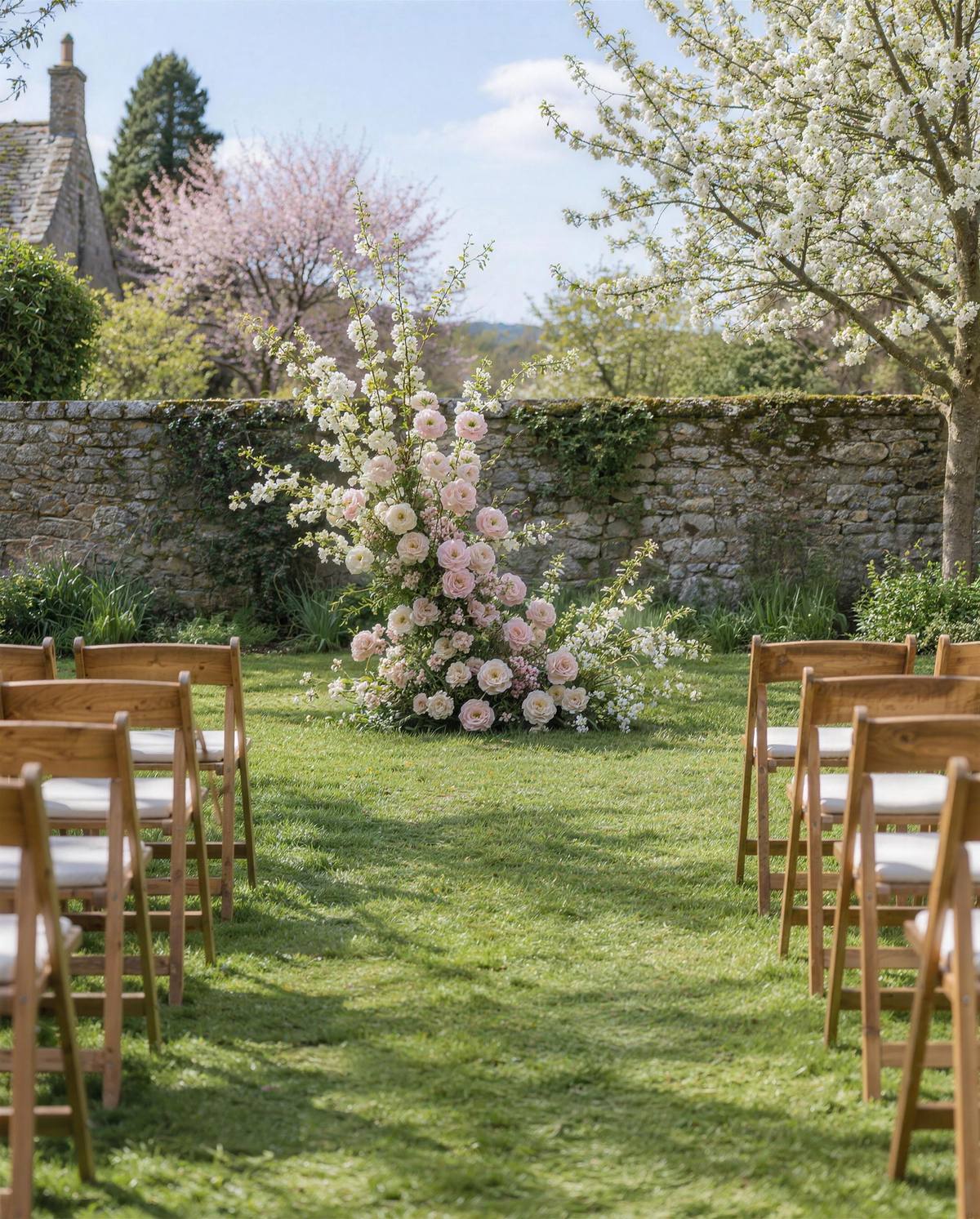Wooden chairs lining a grass aisle toward a loose arrangement of pale pink ranunculus, blossom branches, and blush roses in front of an old stone wall.