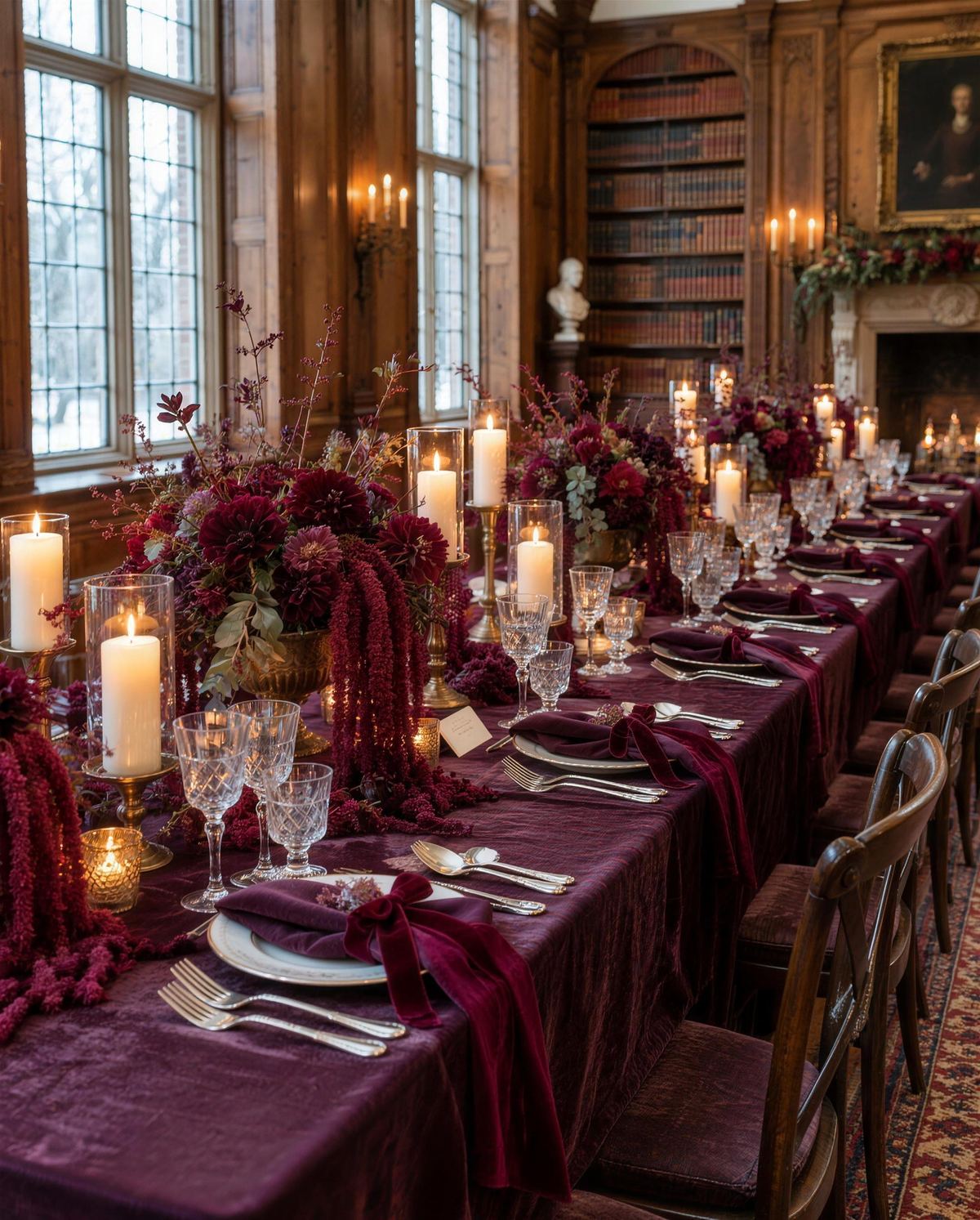 A long dinner table in a wood-panelled library, dressed in deep plum linen with dark red amaranthus, plum dahlias, and clusters of ivory candles.