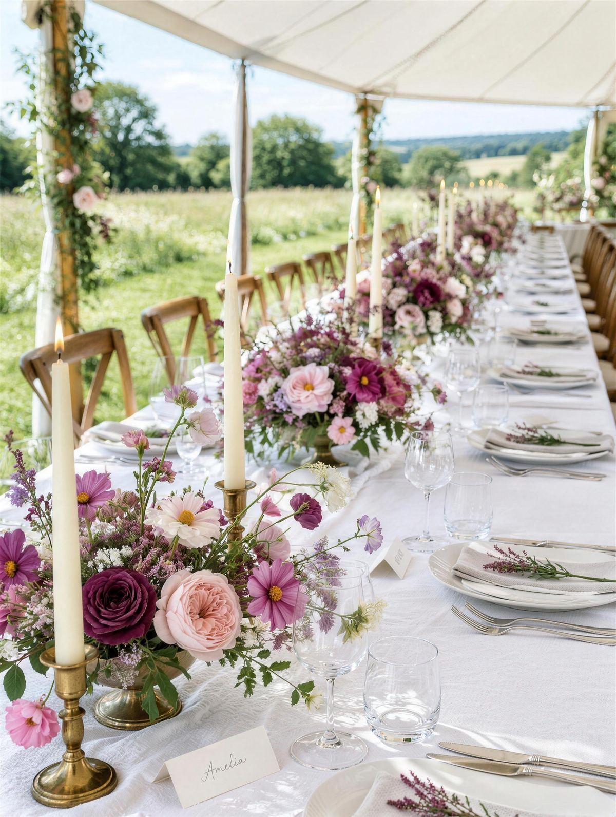 A long reception table under an open sailcloth tent in a meadow, set with white linen, ivory taper candles, and low arrangements of plum and blush roses and sweet peas.
