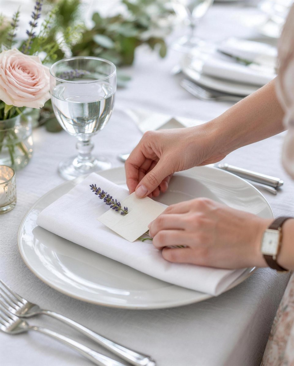 A planner’s hands setting a handwritten place card with a sprig of lavender on a folded linen napkin.