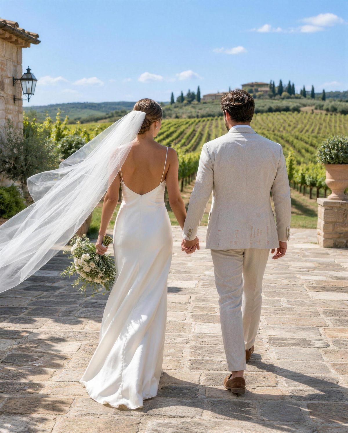 A bride in a silk slip dress and long veil walking hand in hand with the groom across a sunlit stone terrace toward the vines.