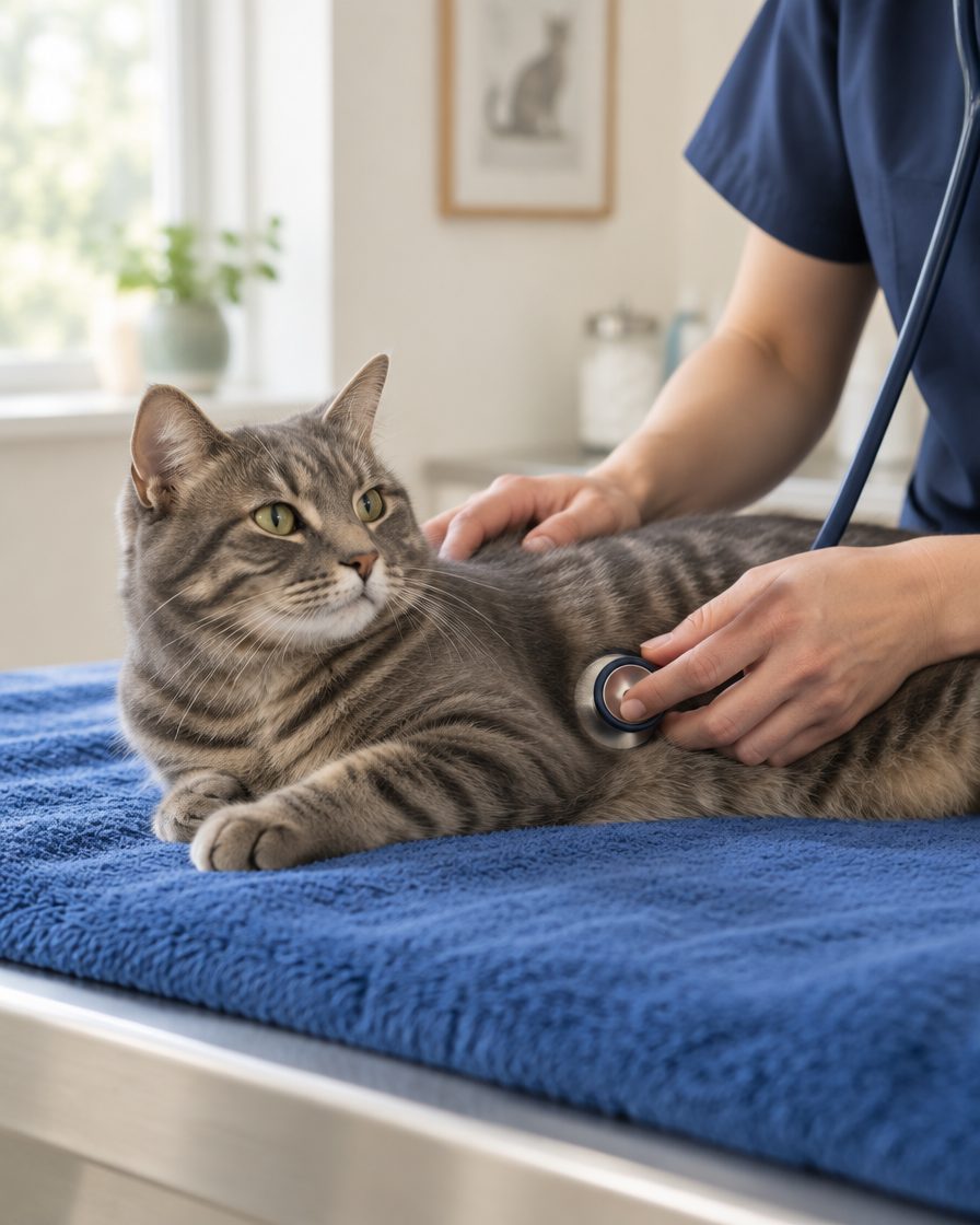 A relaxed tabby cat lying on a blue towel while a veterinarian gently listens with a stethoscope