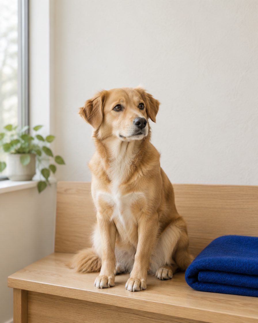 A golden mixed-breed dog sitting calmly on a wooden bench in a sunlit exam room