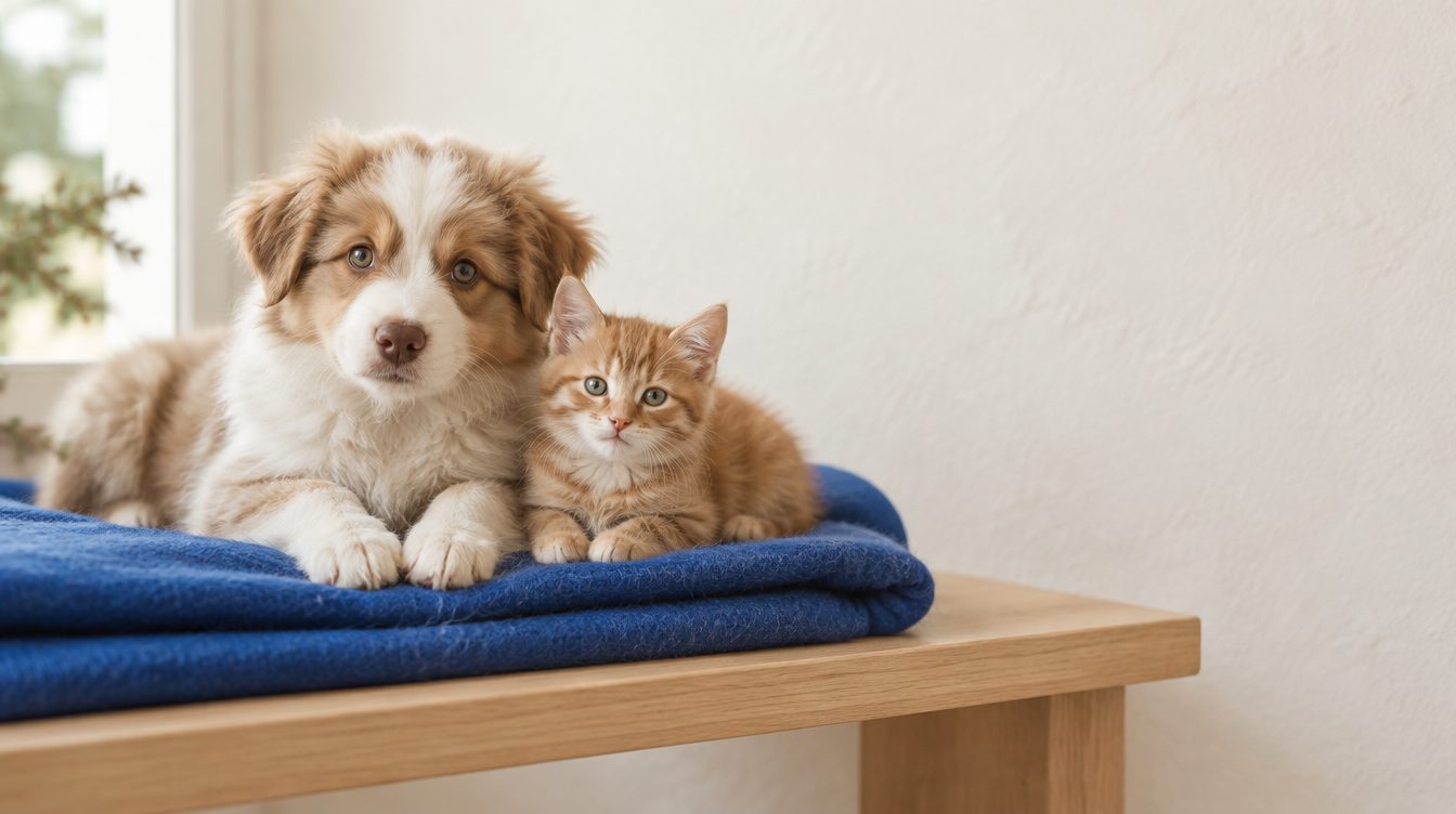 A puppy and a ginger kitten resting together on a folded blue blanket on a wooden bench